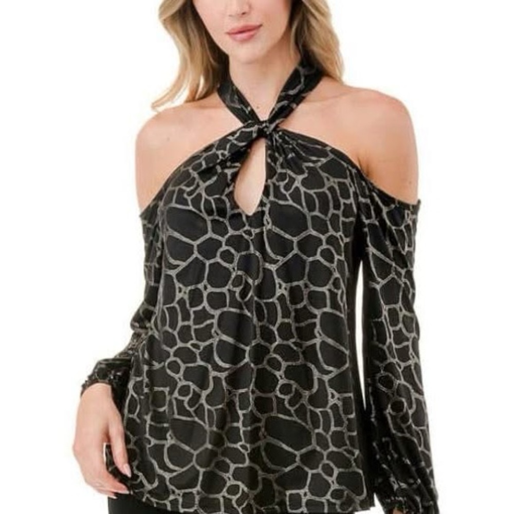 Ariella Black and Green Blouse with Cut Out Tie Front